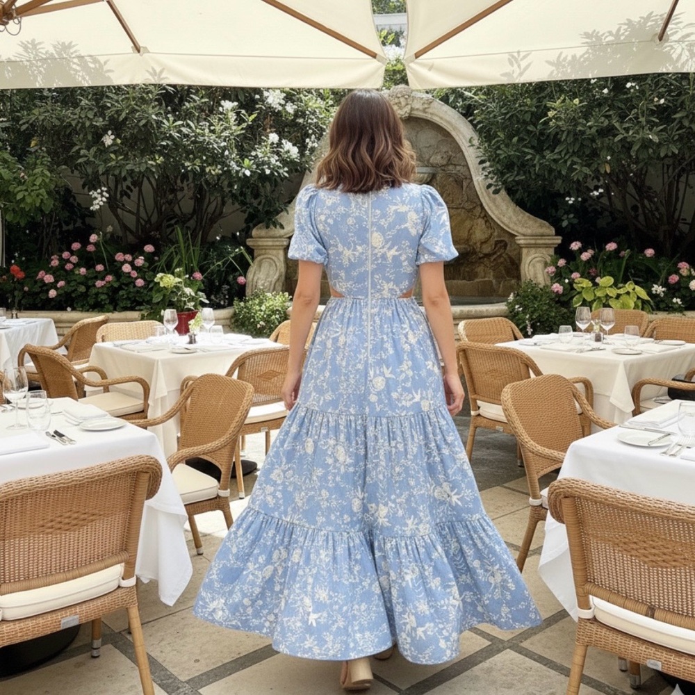 WAYF Plaza Blue Floral Cut-Out Tiered Maxi Dress Size XSmall - Picture 3 of 16